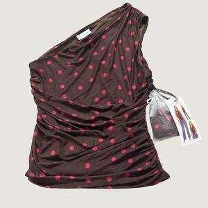 Milk + Honey One Shoulder Top Large Polka Dot Mesh Ruched Brown Pink Y2K Scarf